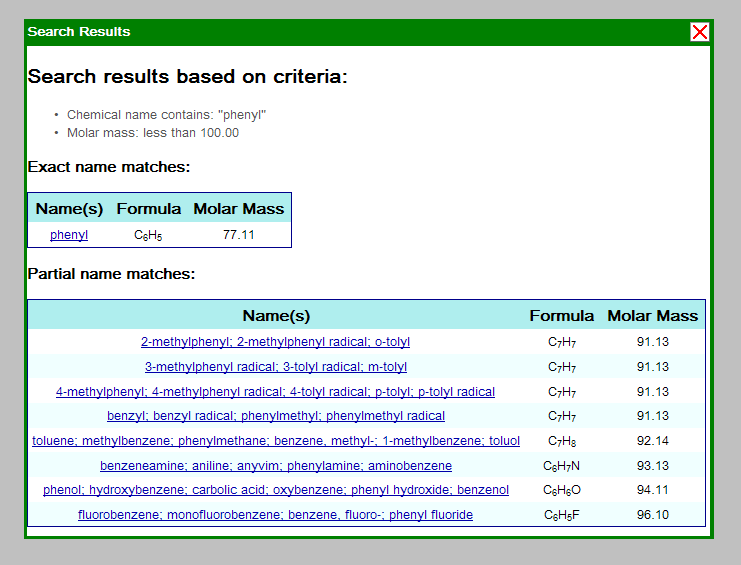 Screenshot of Search Result window